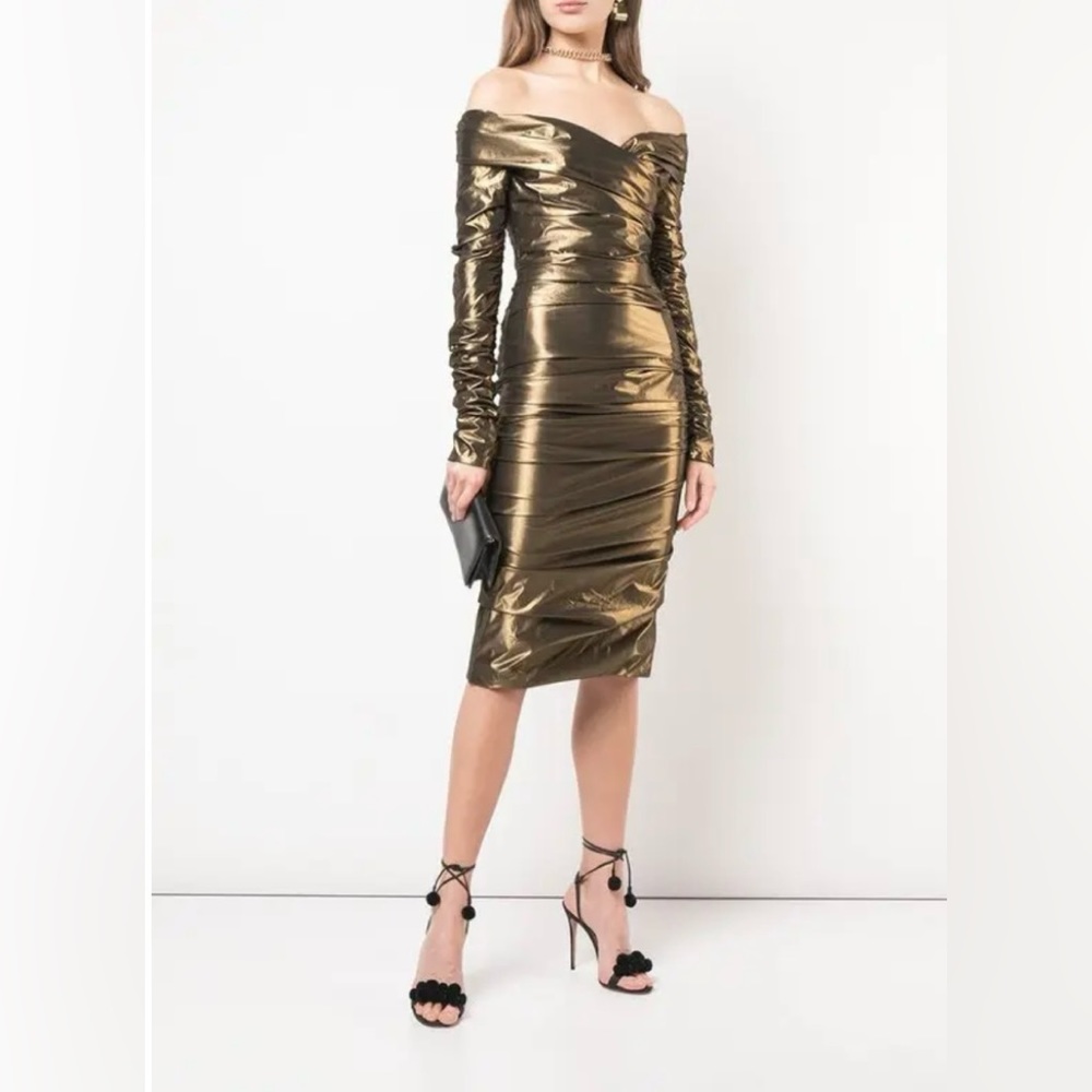 Dolce & Gabbana Draped Midi Dress Gold Size 40 BNWT